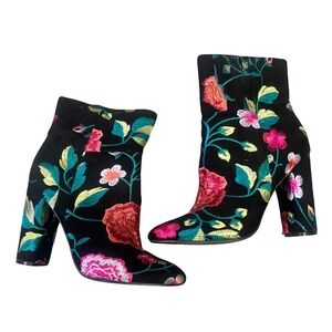 Floral Marguerite Embroidered Ankle Boots Sz‎ 7 Block Heel Pointed Toe Statement